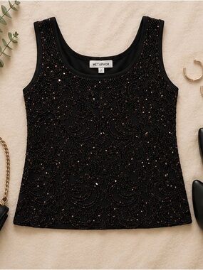 Metaphor Black Beaded Scoop Neck Tank Top Size M